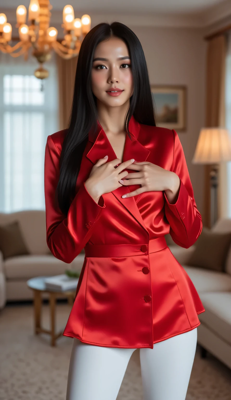 Draw lips correctly, red lipstick, from chest up, best quality, Super detailed, lifelike, Super fine skin, perfect anatomy, (中国Mature的女人), (alone),wear a shirt,long sleeves,Pants,wavy long hair,37-year-old female,Mature,charming smile,indoor background,stand,Leg length,Chubby,Big breasts,stand up,full-body shot