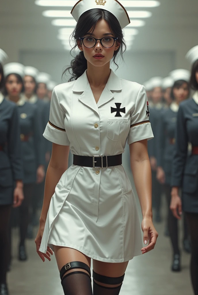 Ultrarrealistic. Ultradetailled. Full body photo. https://www.deviantart.com/madissnewbasto, how a german nurse, dressing White uniform with whithe  apron and miniskirt, with  nurse  coif at head,  black stockings with gater belt, black high heels with ankle straps,  Curvy Athletic body, Blue eyes, round glasses. black lips and short black hair tied back. carriing  samal Iron cross  at left chest, walking at parade in front of other nurses at  hospital. 24kb wallpapper.