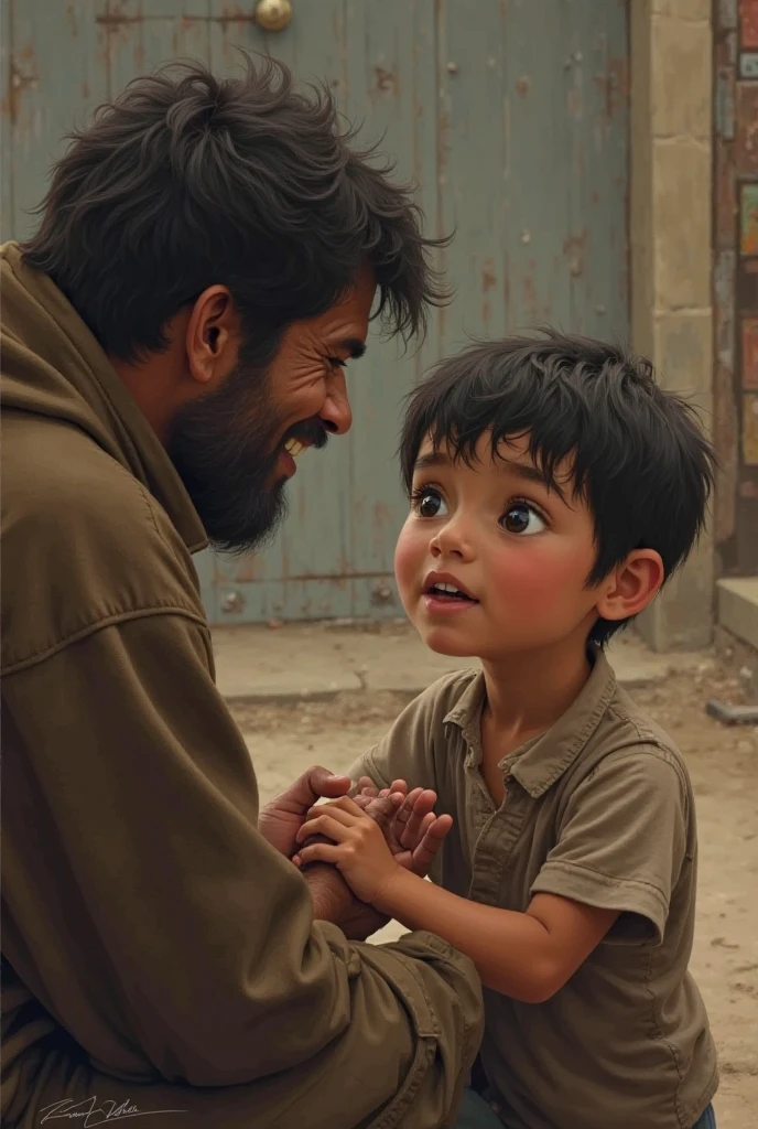 Best quality,8k,high resolution,masterpiece:1.2),Ultra Detailed,lifelike,Photo Realism,A man and a child huddled in a corner,A scene of happiness amidst the harsh environment in Gaza,A man in ragged clothes leads a poor child,Simple dress up,birthday celebration,warm hugs,Happy facial expression,Emotional connection,Detailed eyes and facial expressions,Vivid eyes,Shabby laundry,Scattered birthday items,Cracked Wall,Evoke a sense of warmth,Tenacity,Emotional Feeling,photography,HDR,Vivid colors,Soft lighting