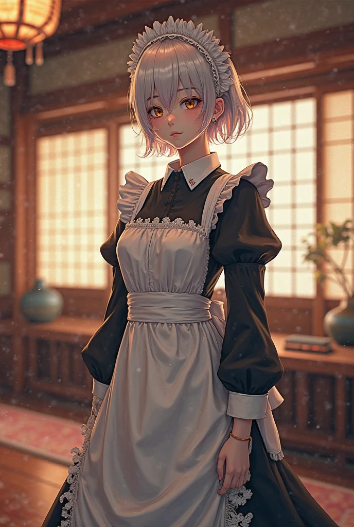 ((((masterpiece, best quality, high resolution)))), Extremely detailed 8K, Beautiful girl with voluptuous body, (Ultra HD, Ultra-detailed, Highly detailed, Highly realistic, Ultra-realistic, photograph realistic), (1girl:1.5), (Realistic white hair), (short silky hair, hair ornaments, earrings), (dynamic poses), facing at camera, looking at viewer, (blushing red, embarrassed, exhausted, angry), (bright red eyes, sharp eyes), (small perky breasts:1.2), (wide hips:1.2), (beautiful detailed face, beautiful detailed eyes), ((maid outfit, maid apron, cat ears headband)), (detail pussy), (standing), sweat, glow, (sunbeam, sunlight), ((cowboy shot)), coffee shop, seductive