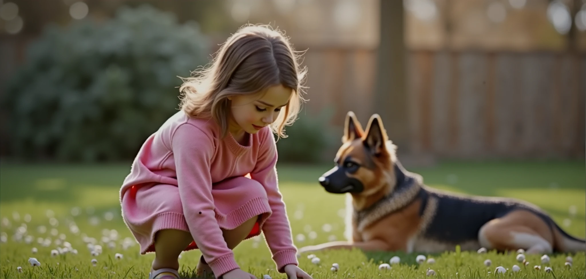 for kids story, A girl with the ability to communicate with animals,illustration,beautiful detailed eyes and lips,medium:1.2,ultra-detailed,realistic:1.37,best quality,4k,highres,sharp focus,studio lighting,vivid colors,Mia and her animal friends,lush green garden,gentle sunlight,peaceful atmosphere,playful animals,shepherd dog,carefree birds,playful rabbits,curious squirrels,whispering secrets,whispering in the wind,mysterious connection,unique bond,true nature lovers,colorful flowers and butterflies,joyful interactions,harmony with nature,empathy,beautiful scene of animal-human connection. make the picture suits kids and make it animated image and colorful