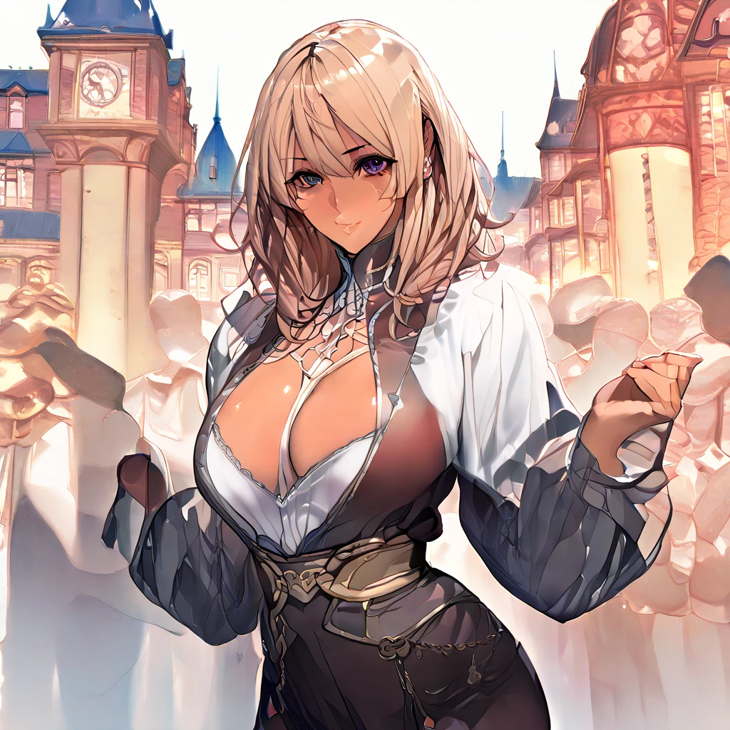anime, ultra detailed, hyper detailed, best quality, highres, 4K, master piece, 1 female, 28-year-old, Navia, sexy lingerie, gigantic, huge breast, France city, crowded, (((accompanied by female bodyguards))),