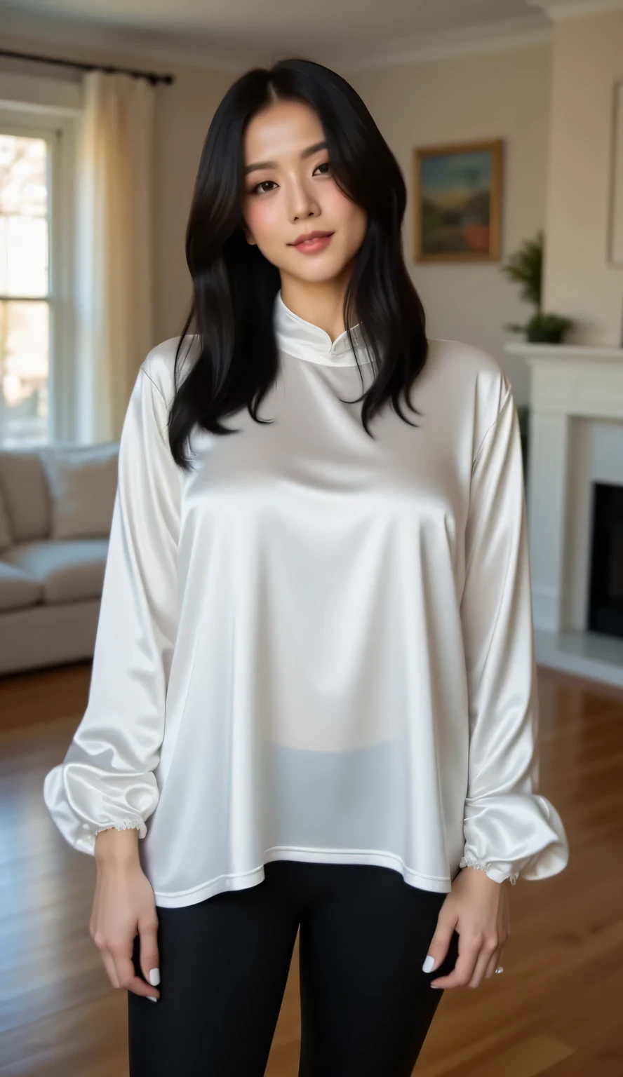 a woman, standing in the living room, shirt looks full body, body facing front, color using long sleeve muslim shirt white satin material, black leggings trousers, big size G-cup, thick hair of black color, seductive smiley face,
