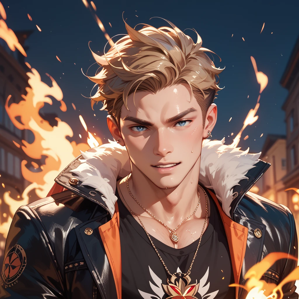 masterpiece, best qualit,thoma (genshin impact), 1boy, male focus, dog tags, horned headwear, green eyes, horns, gloves, fake horns, blonde hair, solo,fingerless gloves, bangs, ponytail, headband, open mouth, hair between eyes,(kbxll:0.6)