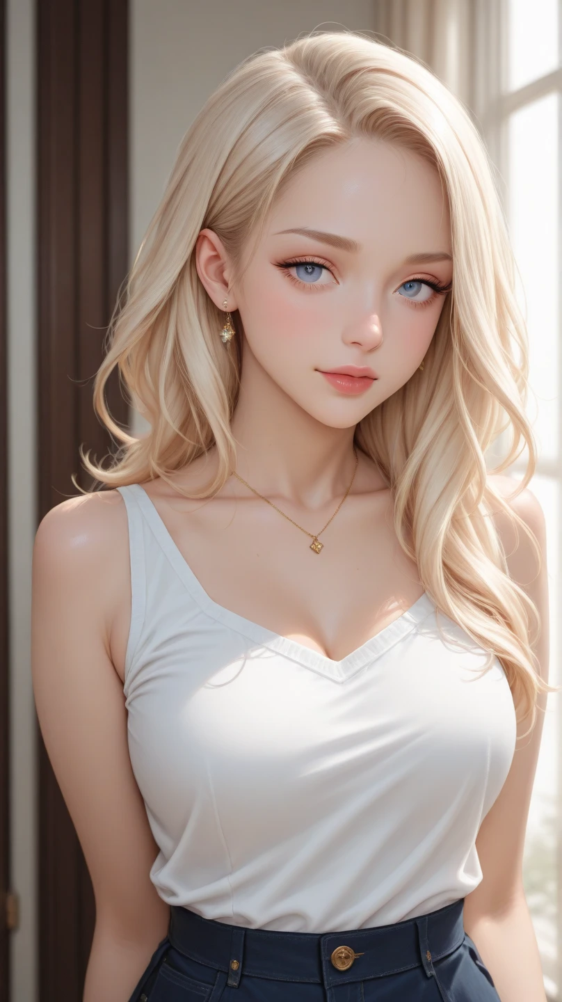 (((Blonde、forehead、long hair))), ( face, virgin face, masterpiece, High resolution, 8K, 1 Girl, Very detailed, Fine skin, White skin, Lighten up the subject, Movie Light, beautiful face, Beautiful Eyes, Lip gloss), (((Detailed anatomy))), Blonde, Blunt bangs, Very short hair, blue eyes, (Slender body), (((large natural breasts))), photograph, (Focus on the upper body), 可愛い笑face, Looking at the audience, White knit dress, Bare neck, Bare shoulders and neck, Blonde,, Silky straight hair, Blunt bangs,