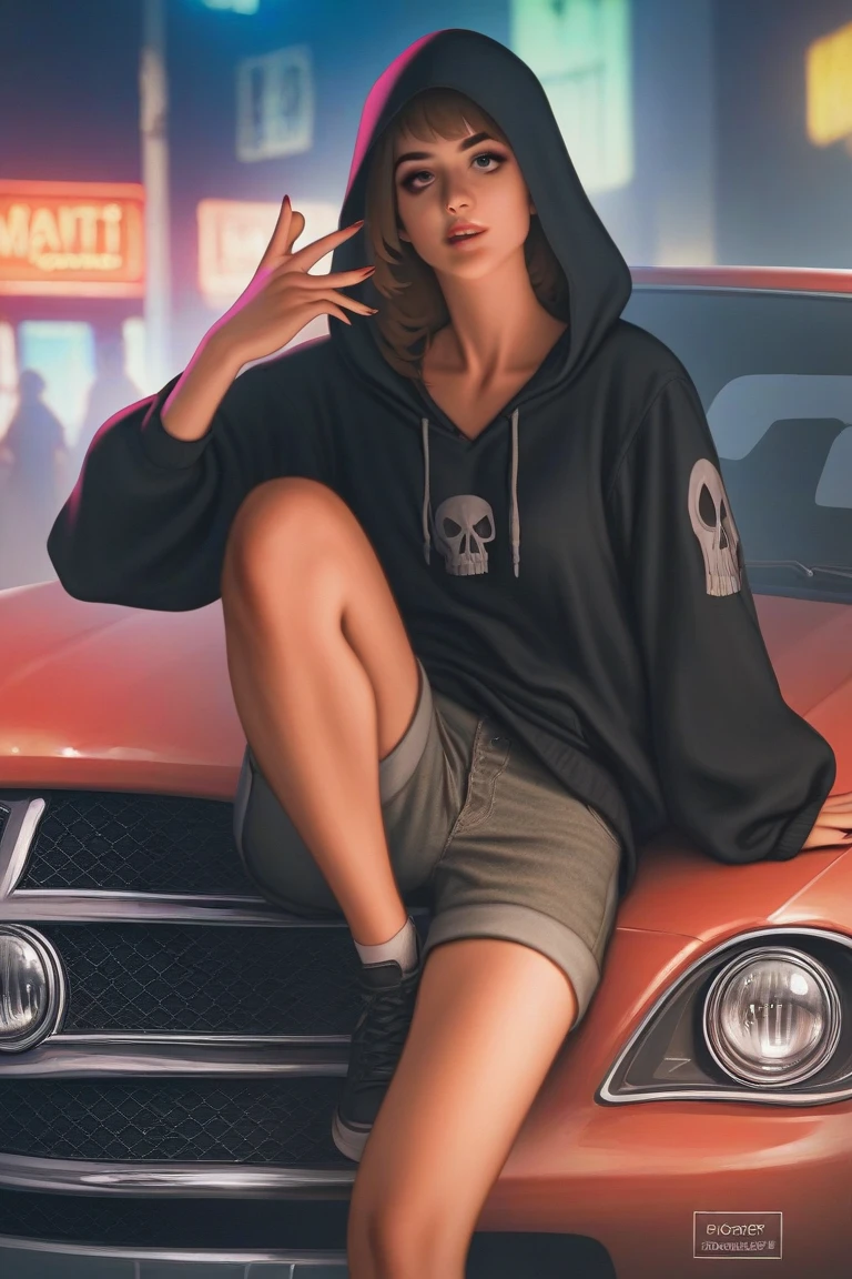 score_9, score_8_up, score_7_up, detailed, 1girl, solo, intricate details, chromatic aberration, realistic, long hair, pink hair, red head ornament, pink highlights, hair over one eye, purple eyes, earrings, sharp eyes, choker, neon shirt, torn legwear, open jacket, turtleneck sweater, night,against wall, brick wall, graffiti, dim lighting, alley, looking at viewer