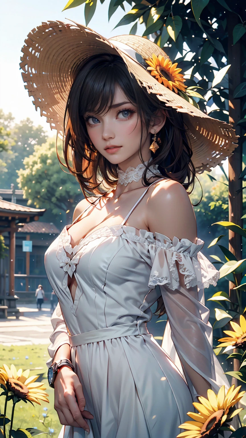 1girl,leogirl,tsurime,solo,(smiling,happy:1.25),(bright red lips,blush:0.8),huge breasts,(sagging breasts:1.2),braids,walking,pose,
(multicolored background,see-though high-waist lace chiffon dress with sleeves,bare shoulders,off shoulder:1.2),<lora:add_detail:0.33>,<lora:epi_noiseoffset2:0.5>,<lora:FilmVelvia3:0.25>,
(dreamflower,multicolored_background,A melancholic autumn scene in a vast flower field,a gentle breeze rustling through the dry grass,fallen leaves scattered among the flowers,a bittersweet atmosphere,a moment of quiet contemplation,Soft and warm color palette,delicate brushwork,evocative use of light and shadow,subtle details in the wilting flowers,high contrast,color contrast),<lora:dreamflower:0.4>,<lora:FlowerGarden_v1:0.4>,butterfly,
masterpiece,official art,best quality,high quality,highres,natural light,ray tracing,volumetric light,realistic,photorealistic,ultra highres,vivid,nostalgia,bokeh,