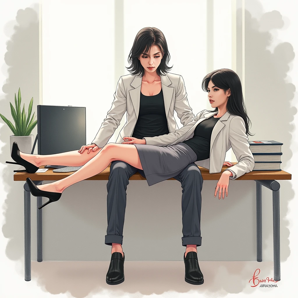 Anime Line Art Jade (with a wiry body and dark, slightly matted hair tied into a loose ponytail and wearing a black crop-top and ripped denim shorts) being forced onto her knees and her head trapped between the thighs of a CEO woman with a taller statuesque figure, long wavy blonde hair, violet colored eyes, red lips, and wearing a business suit with a short skirt exposing her legs as she sits on her CEO office desk and traps Jades head between her thighs by crossing her legs around Jade’s head and leaning back against the desk top while smirking down at Jade deviously 
