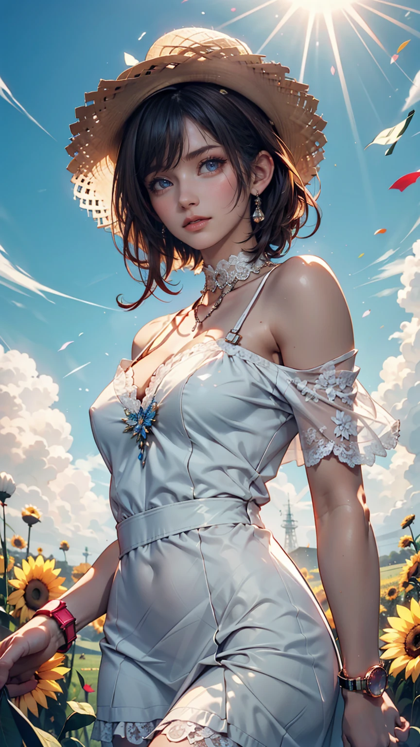 ((((Highest quality))))、(((Ultra-precision CG16K wallpaper)))、(((masterpiece)))、(((Super detailed)))、(((Extreme detail)))、((１Mature 29 year old woman:1.6))、((Very beautiful Japan face of a person))、((Urizane Face:1.8))、((Medium Straight Hair、blunt bangs:1.8))、(Shiny Hair)、A delicately drawn beautiful face、Dark Eyes、double eyelid、High nose、Small nostrils、Small Mouth、Seductive lips、Beautiful breasts、((C cup size breasts))、Cleavage、Beautiful feet、eight-headed body、Perfect proportions、Perfect Anatomy、Perfect composition、Beautiful detailed shading、Beautiful, natural lighting、Beautiful detail glow、Depth of written boundary、(((High chroma)))、(((Real:1.9)))、((vivid:1.5))、((Beautiful Skin))、((Skin Texture))、((Realな皮膚感))、(((Cowboy Shot:1.6)))、((front view、shoot from front、front low angle:1.6))、(((Half-open mouth、Surprised face:1.3)))、((The woman is looking at this、looking at viewer:1.6))、Bright daylight、Natural light、(((Grass Square、Sky and Clouds:1.5)))、(Fashion model standing pose:1.6)、(((Matte black collared sleeveless lace knit mini dress:1.6)))、((hair band、necklace、Wearing earrings:1.5))、((Lace-knit knee socks:1.3))、