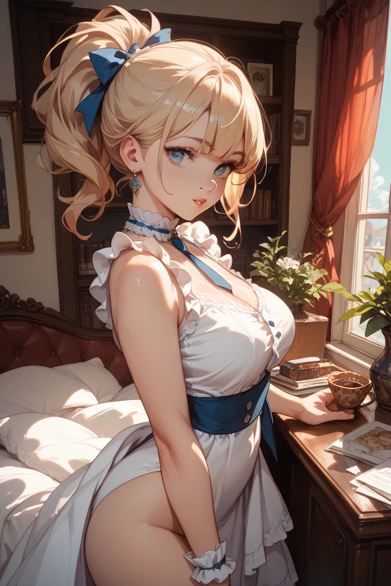 (best quality,highres),(realistic:1.37),(portrait),(studio lighting), ,solo woman,curvy, giant breastt ass,straight awberry blonde hair, dusty blue eyes,full lips, seductive, choker, painter's apron,painter's hat