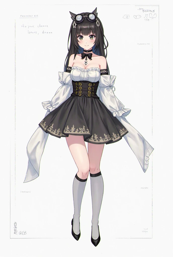((three-sided view, front view, side view, back view, multiple views, multiple poses and expressions, many parts)), concept art, character concept art, character sheet, Full body, illustration, (simple background, gray background), 1 character, 1girl, fantasy art, (hui xiyi:0.7), rekkyo sensen, rekkyou sensen, girls with((black hair, bangs, (one side up, long wavy hair, hair clips:1.55), perfect hands, perfect fingers, (exposed breasts,  cleavage, breasts close up:1.2), dress((suspenders, dress, belts:1.15), (blue clothes, frills shirt, no sleeves, sleeveless, frills panniers, long sleeves:1.52)), (white legwear, thighhighs, single thighhighs, single legwear, black footwear, strap shoes:1.42))