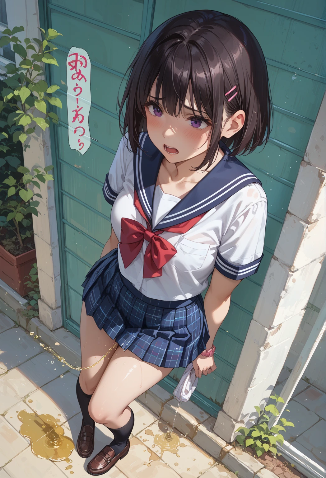 (((Perfect Anatomy, Anatomically correct, Very detailedな肌))), 1 girl, Japanese, high school girl, Shiny skin, observe the audience, 
Beautiful Hair, Beautiful Face, Beautiful fine details, (short hair:1.1, Bobcut:1.2), Dark blonde hair:1, blue eyes, Baby Face, Mole under the eye, 
Beautiful clavicle, Beautiful body, Beautiful breasts, big breasts:0.5, Beautiful thighs, Beautiful feet, 
((Short sleeve, cute navy sailor suit, navy pleated skirt, Navy sailor collar, Blue Sailor Scarf, socks, Brown Loafers)), Captivating thighs, , 
((Ahegao, Embarrassing, Drooling, Open your mouth, Sweaty)), ((squat, Spread your legs, Put your hands in your panties, Roll up the skirt yourself)), 
(Beautiful views), summer, School rooftop, building, Chain link fence, 
8k, highest quality, Masterpiece​:1.2, Very detailed), (Realistic), Beautiful illustrations, Natural light, ,