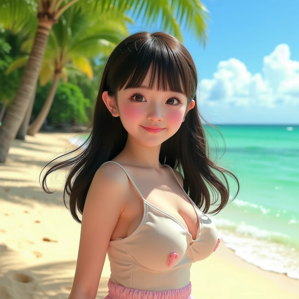 12 years oldの全裸少女、smile、Squatting Pose、pubic hair、Bare Chest、Nipple piercing、Saggy breasts、Highest quality、Best image quality、masterpiece、With a girl((12 years old、 Best Bust、Bust 90、blue eyes、Open your chest wide、nudist beach