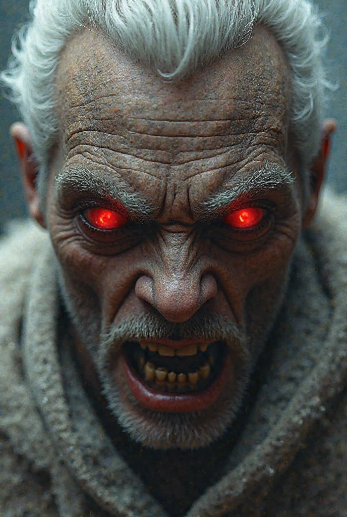 Half body shot of old man with red eye, skinny old man with black wizard custome he smile in a dark forest, forest at night, horror movie, ultra detailed, photorealistic, masterpiece.