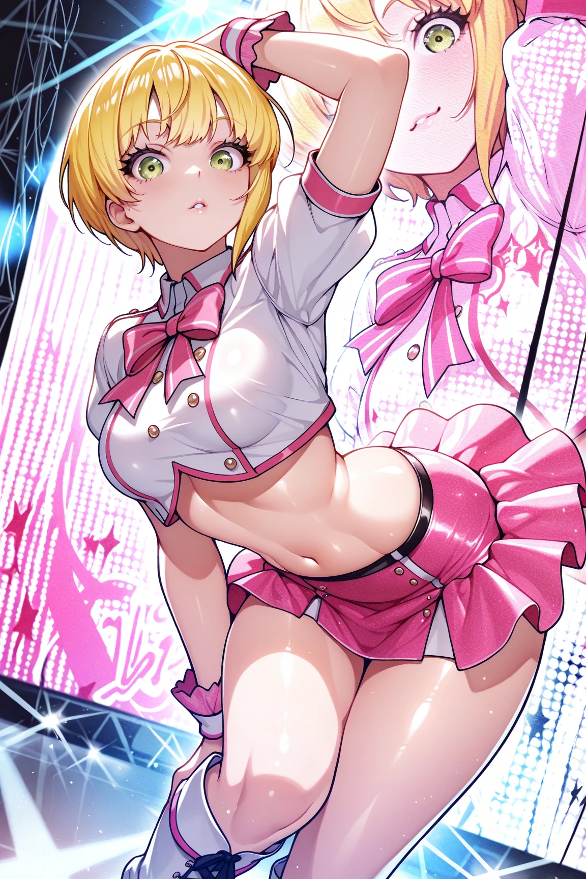 super girl elementary school student, masterpiece, highest quality, abstract, psychedelic, neon, (honeycomb pattern), (creative:1.3), fantasy 00d、blonde、bob cut with trimmed ends、flat chest、thin crotch、belly button、white cloak with pink pattern、pointed nipples、white panties、(((squat)))、transparent clothes、((Love juice drips from the crotch))、(((Raise the hand)))、((Look up with your mouth wide open))、stick out tongue、surprised eyes、white beret、puddle at your feet、Trembling with sexual climax、A lot of pink hearts pop out from the crotch..、~ side、protruding chest、(((Insert magic wand in pussy)))