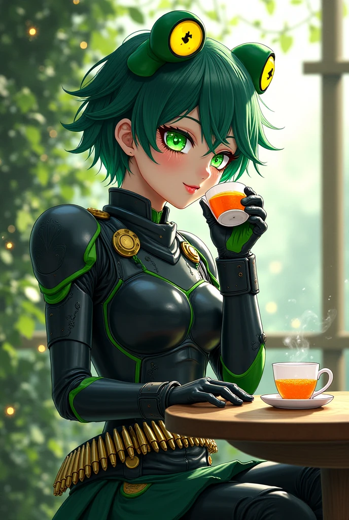 masterpiece, best quality, <lora:ushigozen-nvwls-v1-000010:0.9> ushigozen, black bodysuit, neon trim, glowing, table, chair, cake, tea, garden, blue sky, confused, head tilt, sitting