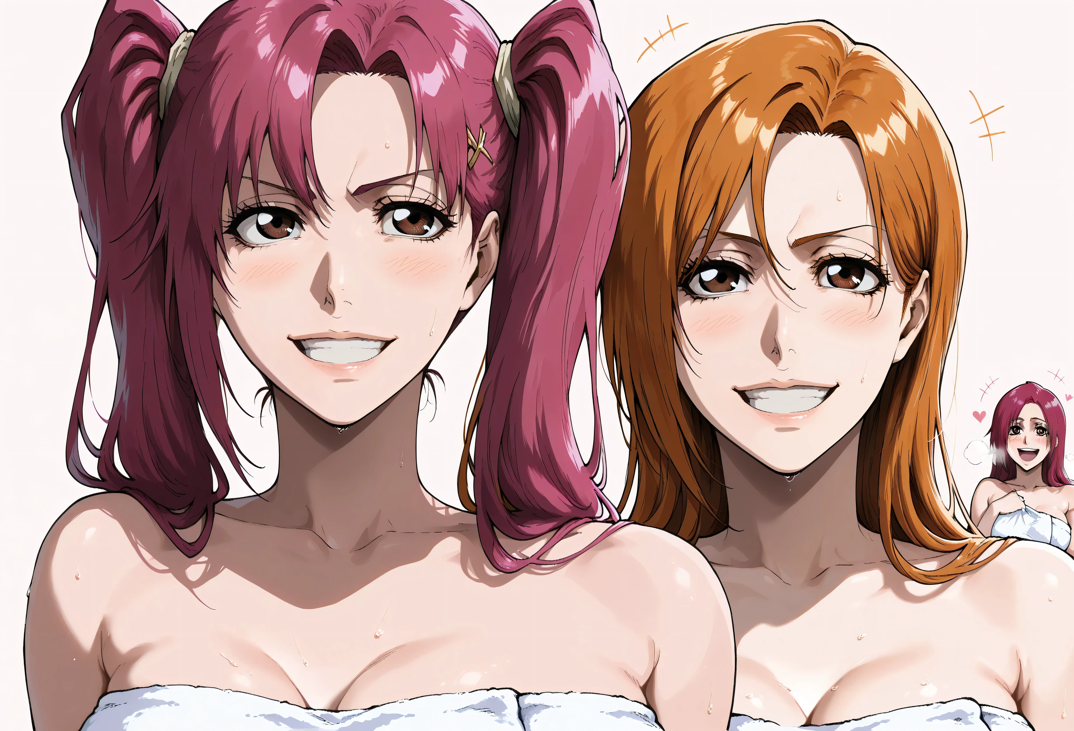 masterpiece, best quality, amazing quality, 2girl, (orihime, bleach, long orange hair brown eyes ), (Riruka, bleach , magenta eyes  , red hair), long hair, white towel, very happy smile, close up shot, simple background, medium size  , golden ratio face, lesbian, sexy pose,  breathing effect, breathing heavily,  onsen background, lesbian ,lesbian, 2 girls next to each other, full-body -view , 