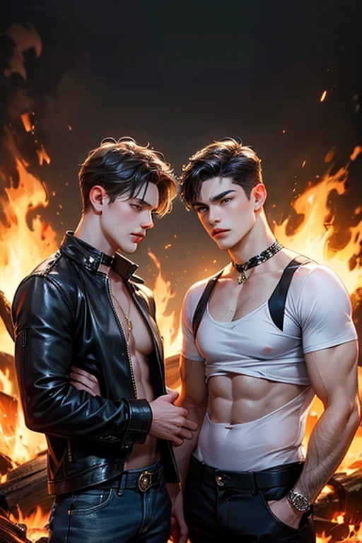 dark night sky，Maple Grove，Two twenty-year-old men，hugs，Abs，Be red in the face，perspire，with light glowing，The erection --auto