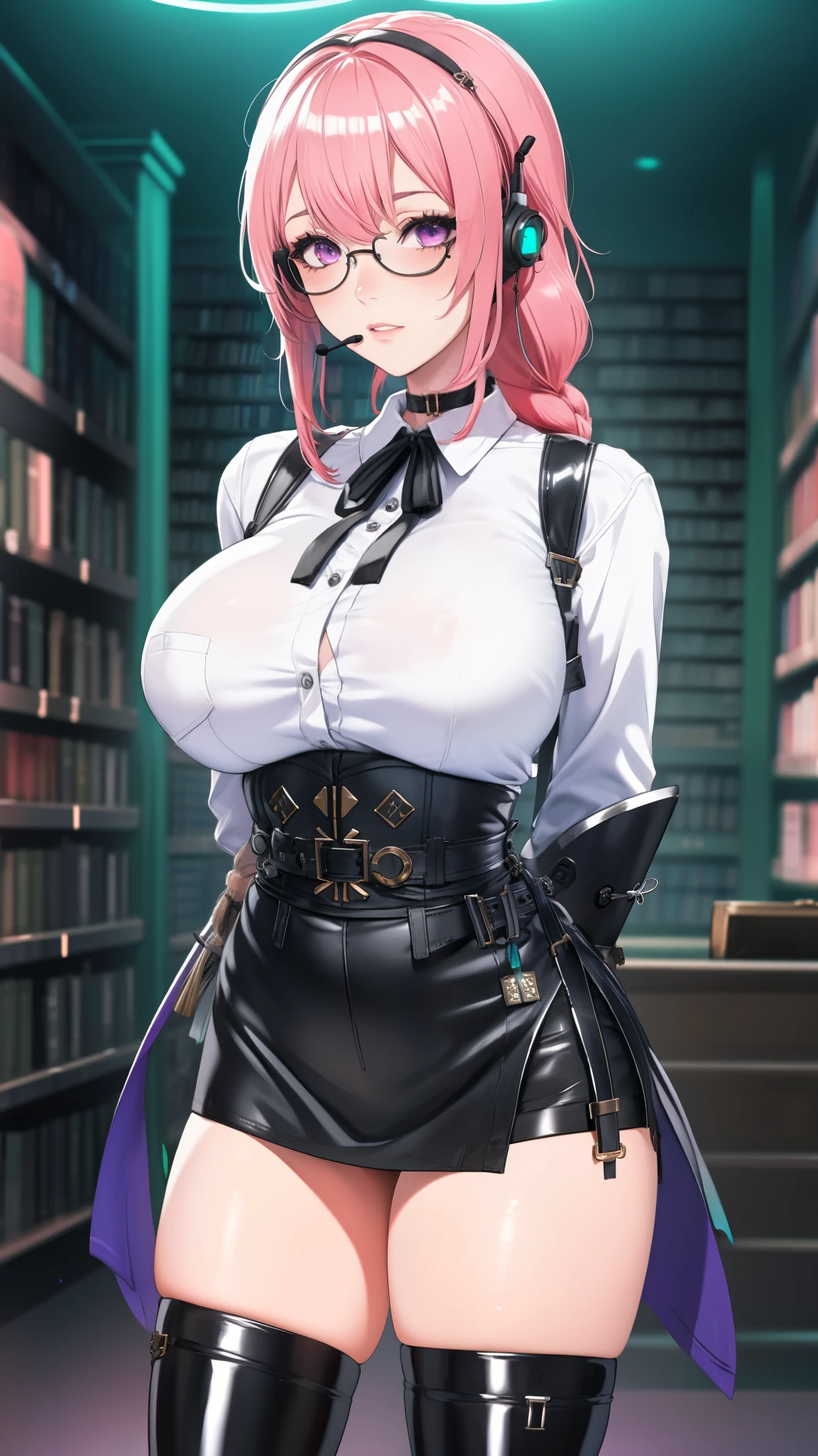 bright clothes, a girl, (Yanagi Tsukishiro ), Alone, Standing, front view,  looking at the viewer , long braided hair pink, beautiful eyes ,  detailed eyes , purple eyes shirt, huge breasts, sensual lips, ((samurai armor shoulder pad)) , ((earpiece for the right ear)), harness, glasses,  choker :1.6,  black gloves, ((high waist shiny black miniskirt)),  ((White shirt with collar)),  (black ribbon for the chest), (dark green neck strap), (Gothic style library ), Gloomy ambience, neon lights