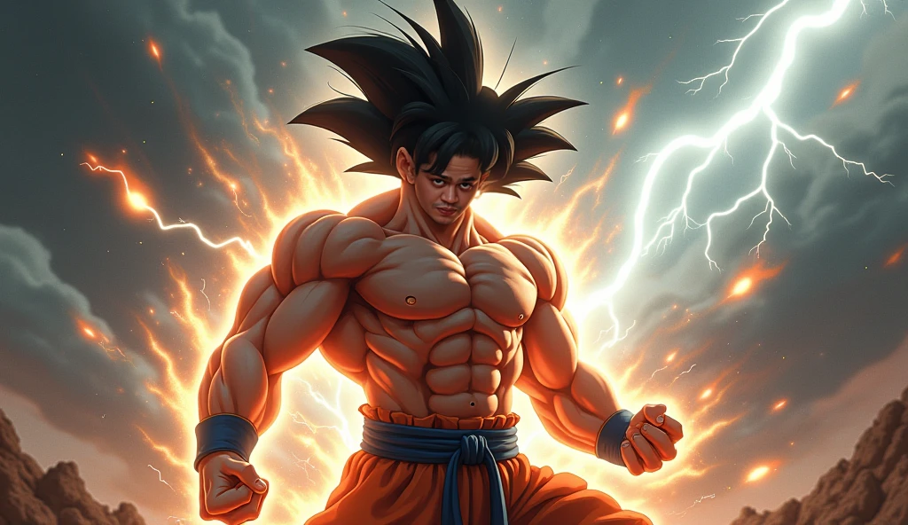 Son Goku with muscular biceps and pulsating veins, emanando uma aura poderosa e intensa