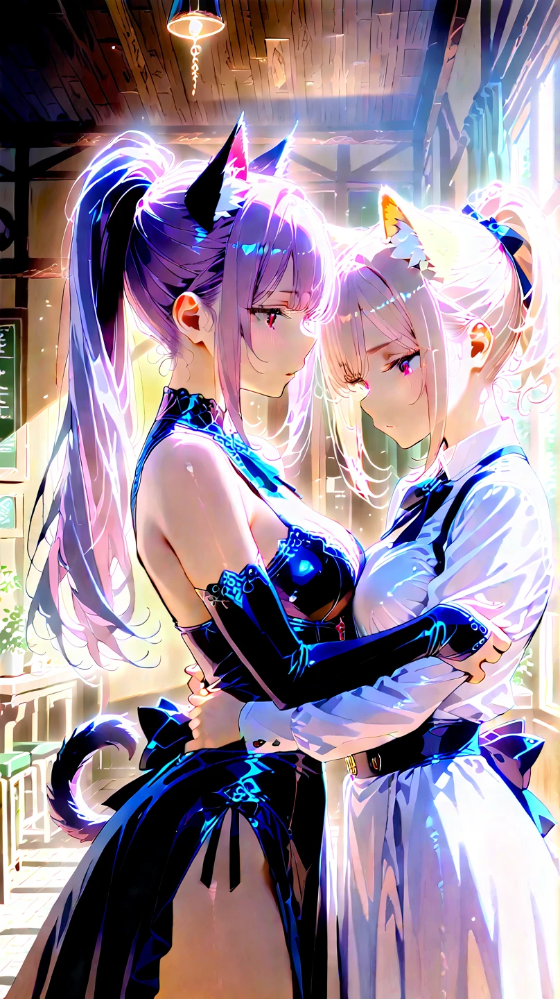 (masterpiece, Highest quality, 8K, Sharp focus, Depth of written boundary, Best Shadow, Perfect lighting, High resolution, Realistic skin texture, ultra-detailed background, detailed), Anime Style, Two women kissing (One of them has green eyes., White skin, Black hair in a ponytail, choker, Small breasts, slim, compensate, eyeliner, Sparkling), (The other woman is blonde.), At the nightclub, Cyberpunk Theme, Cyberpunk City.
