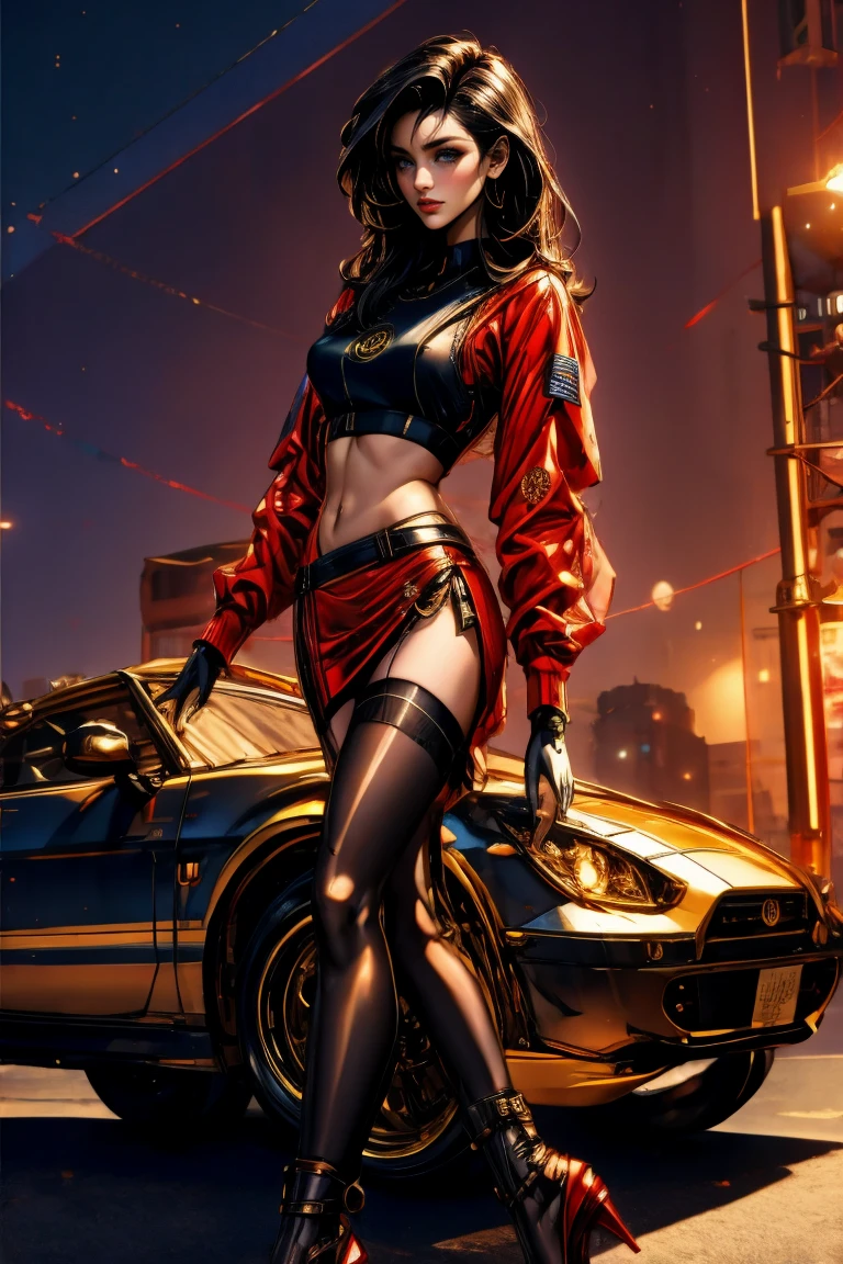 (masterpiece)+, (Best Quality)+, (Complex detail)+, cyberpunk car, a sexy girl posing next to the car matte black painting, showroom concept, lens flare, camera artifact, professional photographer, 4k, HDR, longitudinal symmetry