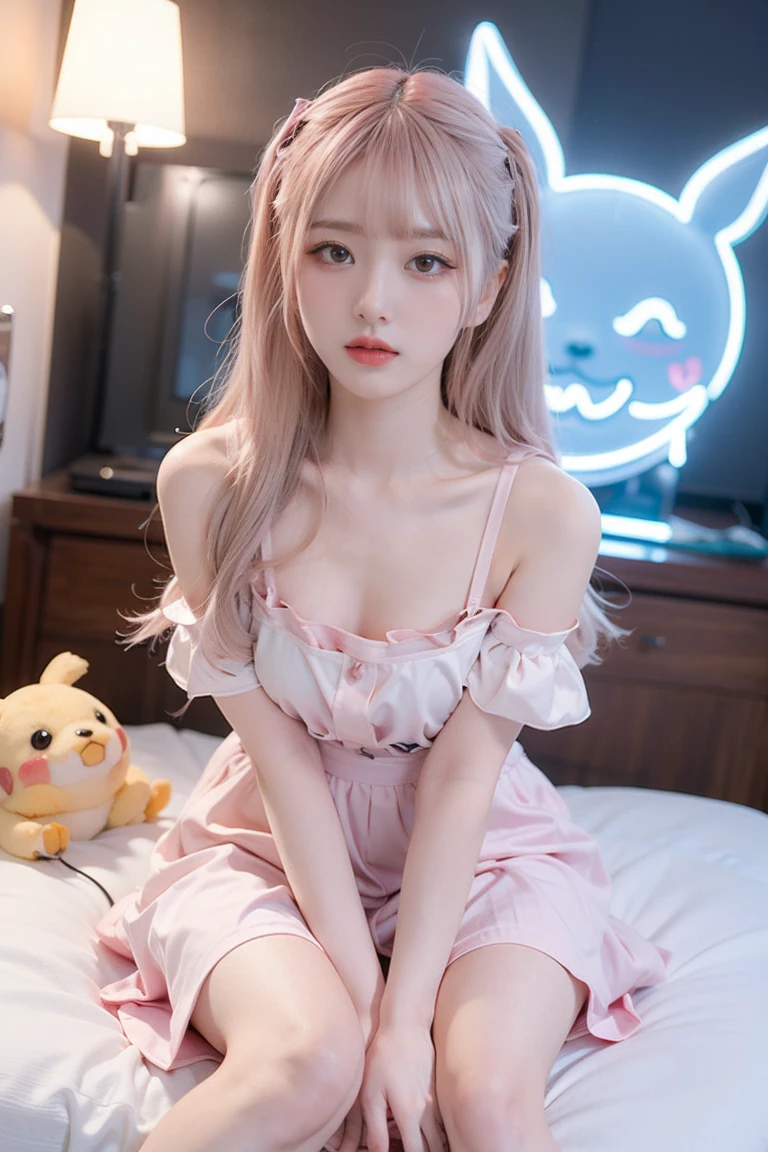 beautiful illustration, best quality, cute girl, bedroom, pastel color, fluffy  ears, petite, silver long hair, rabbit stuffed toy, bright lighting, light pink eyes