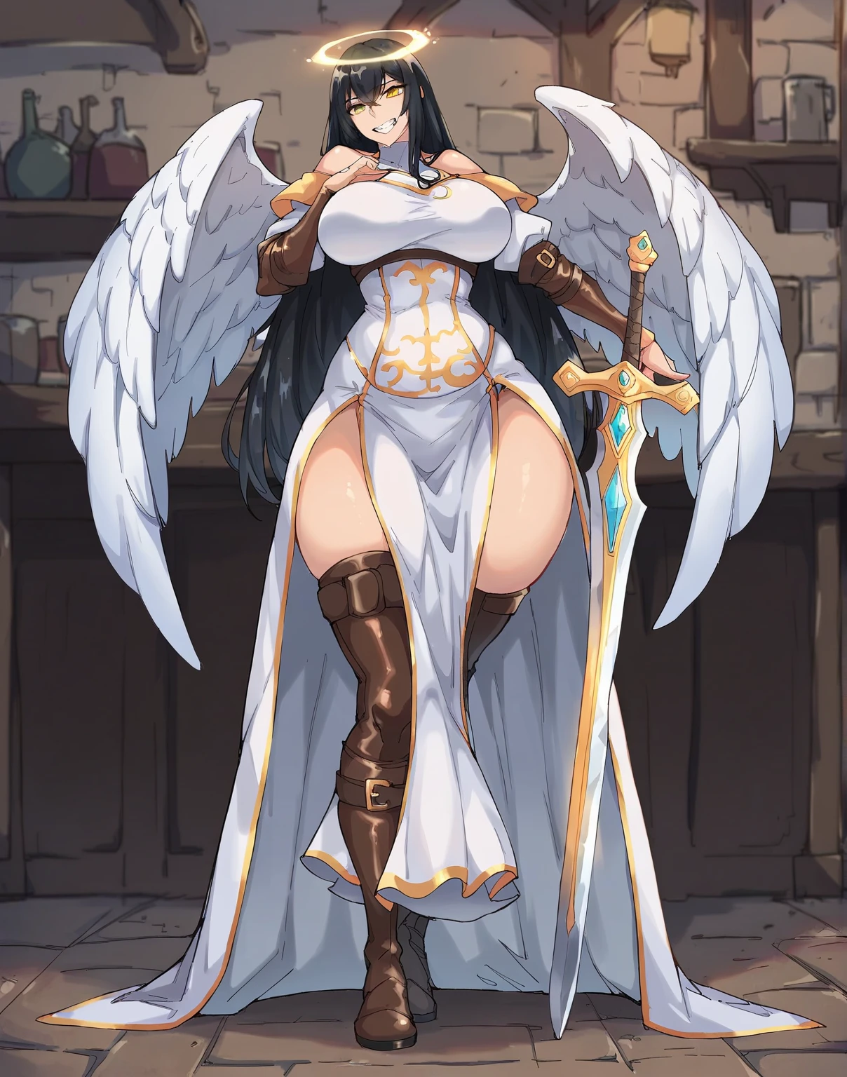 Nsfw,(masterpiece:1.3, top-quality:1.3, ultra high res, ultra detailed), (realistic, photorealistic:1.4), beautiful illustration, (natural side lighting, movie lighting), looking at viewer, perfect face, (perfect anatomy), cute and symmetrical face, baby face, shiny skin, slender, drooping eyes, big eyes, long eye lasher, beautiful hair, beautiful face, beautiful detailed eyes, beautiful clavicle, beautiful body, beautiful chest, beautiful thigh, beautiful legs,perfect anatomy, anime screencap, absurdres, a girl, samurai, intelligent, neutral, sword fighting, looking at viewer ,blunt bangs,straight hair,black hair,large breast,(gigantic penis,futanari,cum:1.3),nipples , fair skin, tall, glamorous, voluptuous,red armor, Epic Battle Scene, with a katana, dark fantasy, full body shot, red hues,dynamic pose,embarrassed