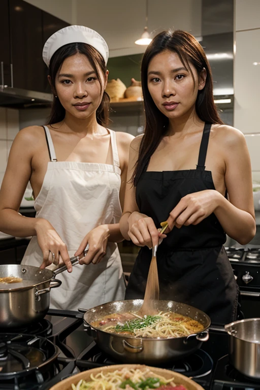 [[((a vibrant, colorful Asian dish prepared in a stylish, modern kitchen:1.6)), placed in the center of the shot, with an attractive young Asian woman cooking in the background. She is dressed in fashionable, practical cooking attire that complements her vibrant surroundings:1.4)). The background features a sleek, upscale kitchen environment. The scene is captured with a ((full-frame DSLR:1.4)) using a ((50mm prime lens:1.4)) to keep the dish in sharp focus and the woman slightly in the background, both fitting well within the circular frame. Professional lighting enhances the dish's vibrant colors and presentation, adding a ((soft bokeh effect:1.3)) to the background. The image should be in ((8K resolution:1.5)) with ((hyper-realistic detail:1.6)). The focus is entirely on the colorful Asian dish, centrally placed, with the young woman’s stylish and confident presence in the background, highlighting the delicious and vibrant meal being prepared in a modern kitchen setting.]]