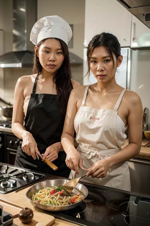 A fat man cooking in the kitchen with two fat women cooking in the kitchen wearing a white blouse and apron