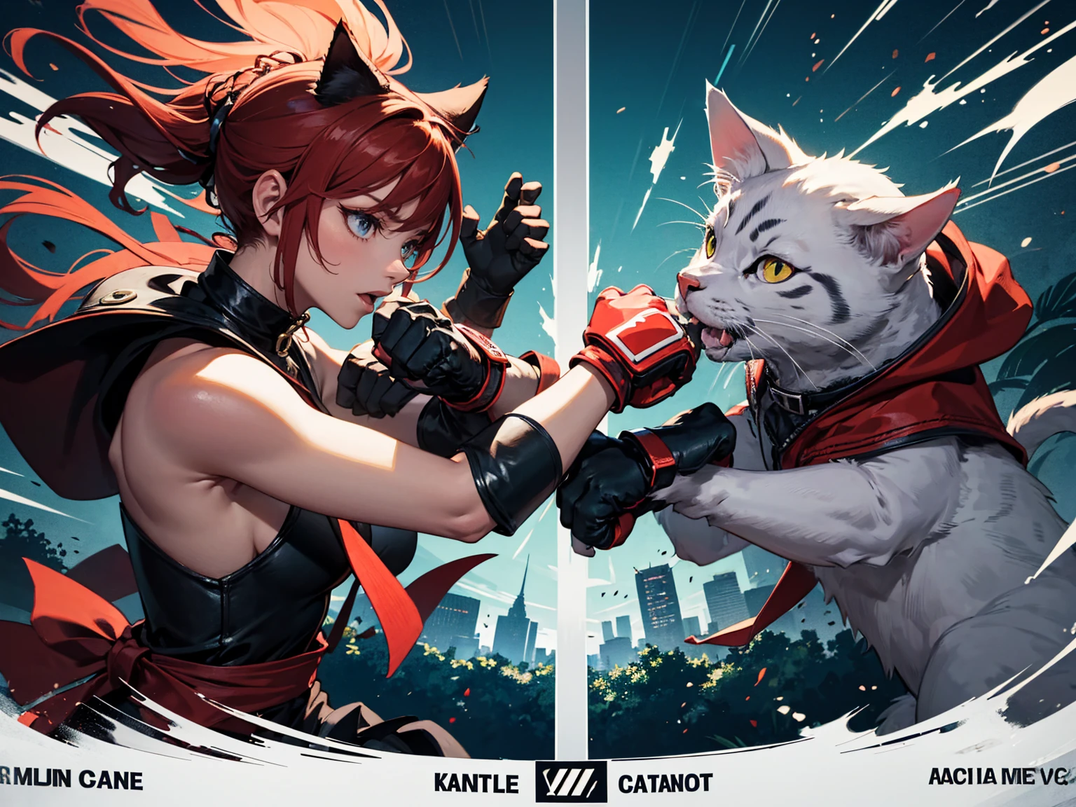 anime girl with red hair and blue shirt, epic battle fantasy, struggling pose, dishonest anime girl, badass pose, inspired by Leiko Ikemura, king of fighters character, gainax anime style, inspired by Rei Kamoi, girl with cat ears, city in ruins,