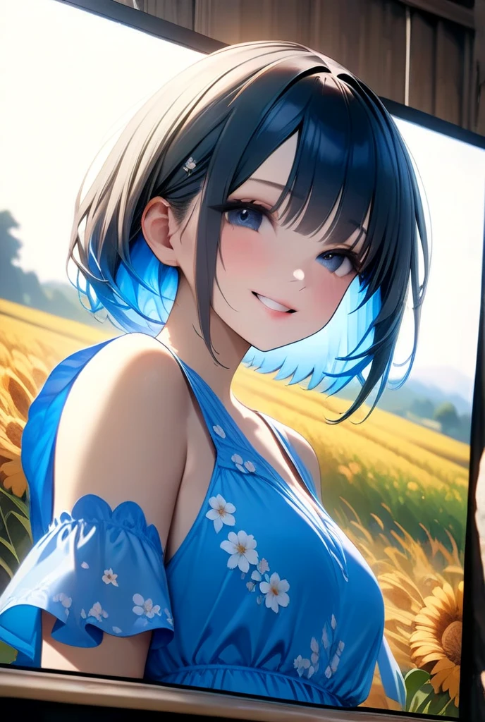 ((Highest quality)), ((masterpiece)), (detailed), (One girl),((Japanese)),10 years old, Black Hair,(Childish face), (Bob Hair), Girl ,Medium Breasts , ((Blue eyes)),shy-smile , ((Naked)),, Sunlight , Overalls ,((upper body)) ,Plateau,Ranch, Straw hat,