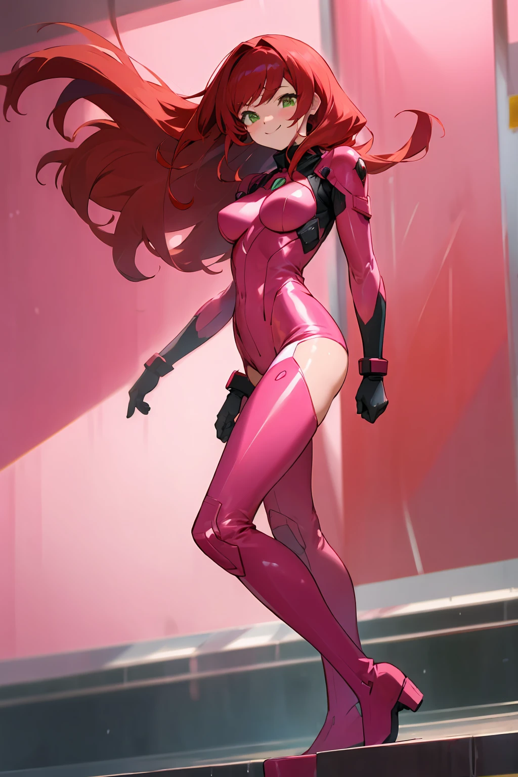 Red hair little young girl with big eyes in latex nipples visible stands on top of building