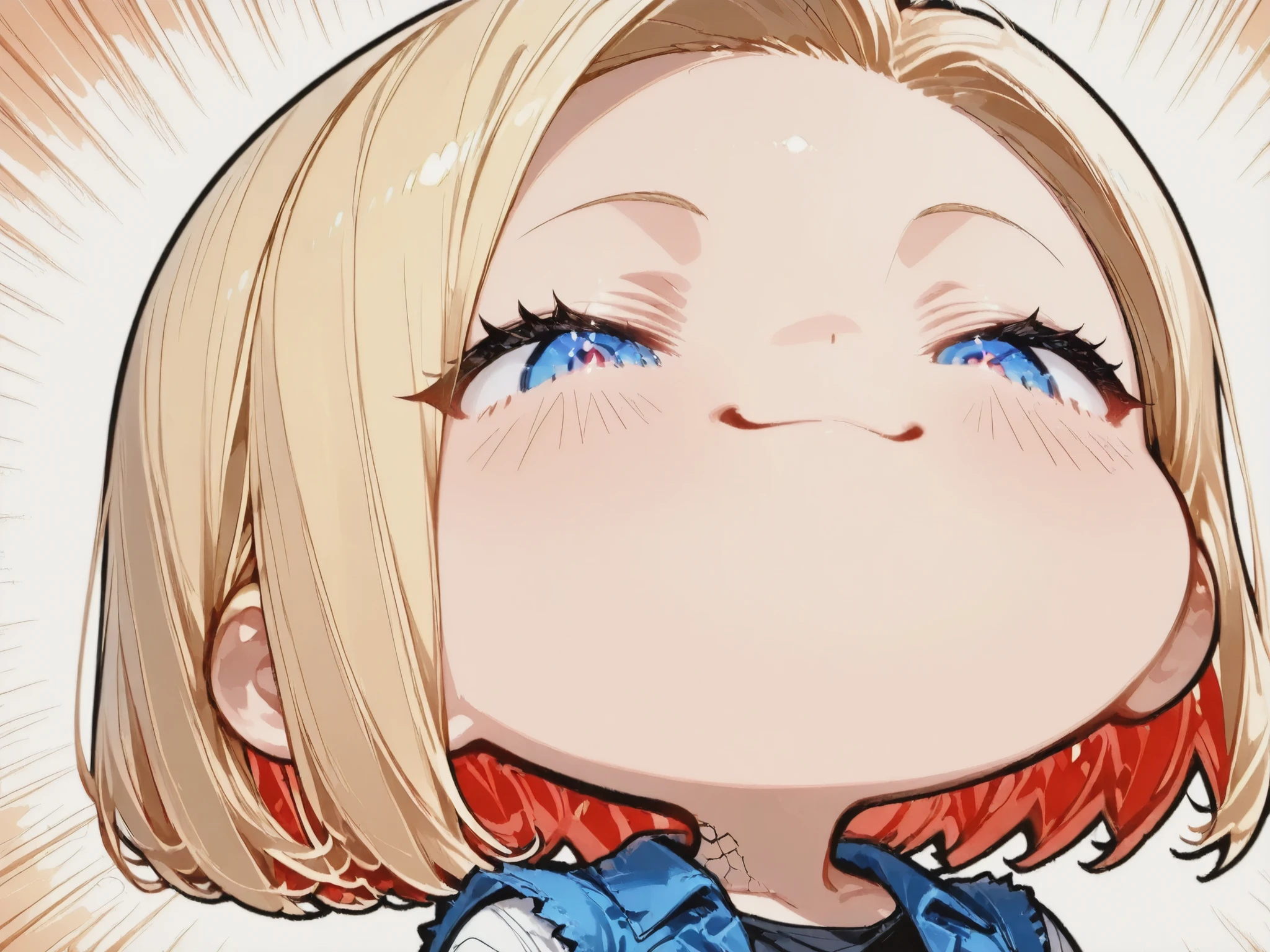 1girl\(android 18\), chibi, round face, smug smile, simplified shading, BREAK, plain white background, comic style burst lines, BREAK, front view, close-up, BREAK, ray tracing, UHD, retina, masterpiece, accurate, anatomically correct, textured skin, super detail, high details, high quality, best quality, highres, 1080P, HD, 16k