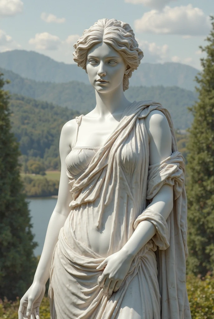marble statue of woman wearing intricate gown, garden background, muscular, chiaroscuro,