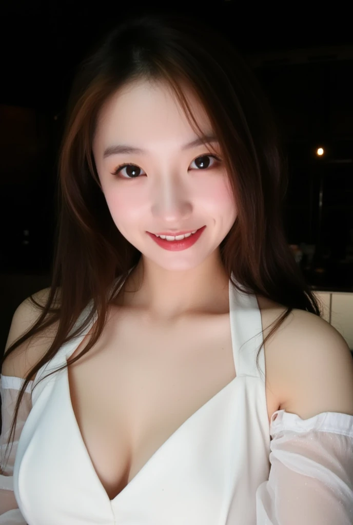 (realistic, high resolution:1.3), 1 girl with perfect figure, smile, ((pale white skin:1.3)) ,(gigantic breasts:1.3), looking at viewers, super fine face and eyes, long hair, white transparent lace veil , in bedroom, sit on the bed, , exposed cleavage, upper body, half body