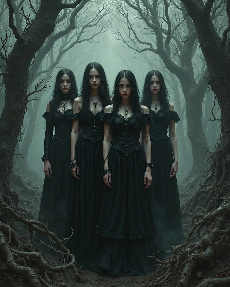 5 sorcières gothiques sexy, jetant un sort, devant un château en ruine, Beaux yeux détaillés, belles lèvres détaillées, un crâne à leurs pieds, visage extrêmement détaillé, long cils, Élégante robe sombre, 5 filles,pose dramatique, éclairage maussade, ciel nuageux dramatique, atmosphère sombre et mystérieuse, composition cinématographique, Photoréaliste, ultra-détaillé, 8k, Meilleure qualité, chef-d'œuvre, 5 filles