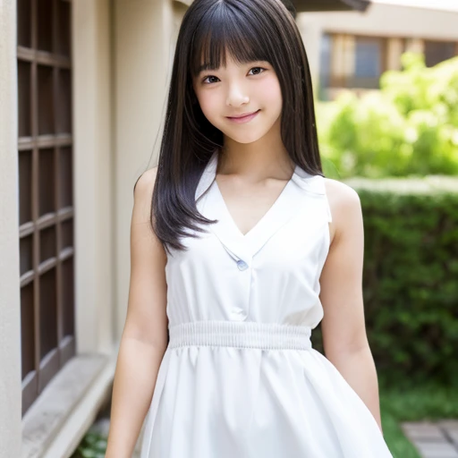 lens: 135mm f1.8,(Highest quality), (Beautiful 12 year old Japanese girl),  (Moist lips), Narrow eyes, double eyelid,Delicate clavicle,Flat Chest,Shortcuts, (Let me&#39;Let&#39;s take another look),  shame, A faint smile,(Spotted sunlight:1.2), Dramatic lighting, 
(Being completely naked), (Sunburned skin:0.2),Full body photo、Full body angle、Front angle、 figure、School Uniform、Underdeveloped flat chest、Stand upright、Tight waist、Small pelvis、pubic hair、Visible tan lines、Neat and elegant、Honor student、Angle above the knee、のリボンを首に巻く