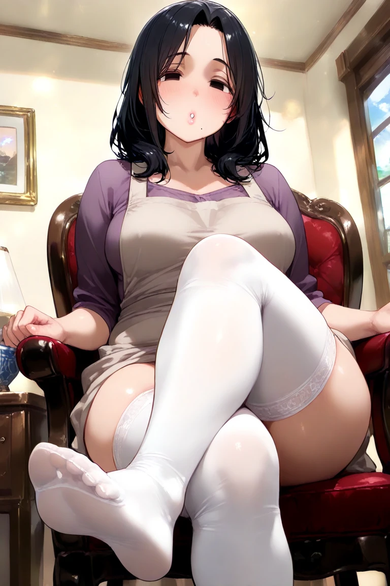 floral underwear、Underwear that's digging in、Big Tits、Big Breasts、Huge breasts、Slut、Grin、ponytail、White sweater、Grin