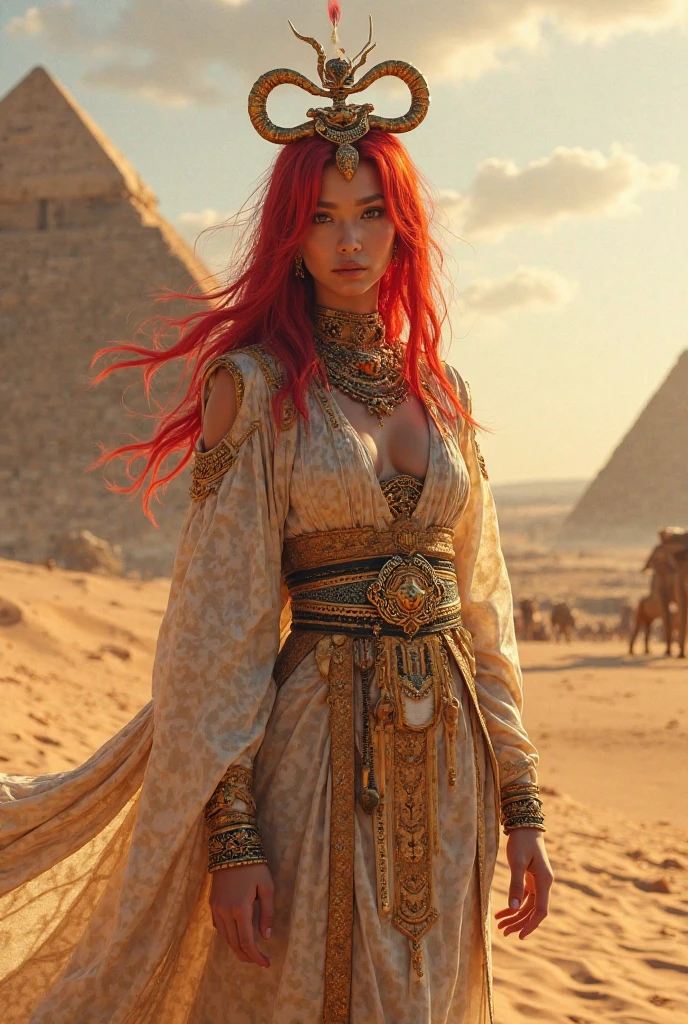 Red-haired snake woman,with Cleopatra costume and pyramids background,fully body 