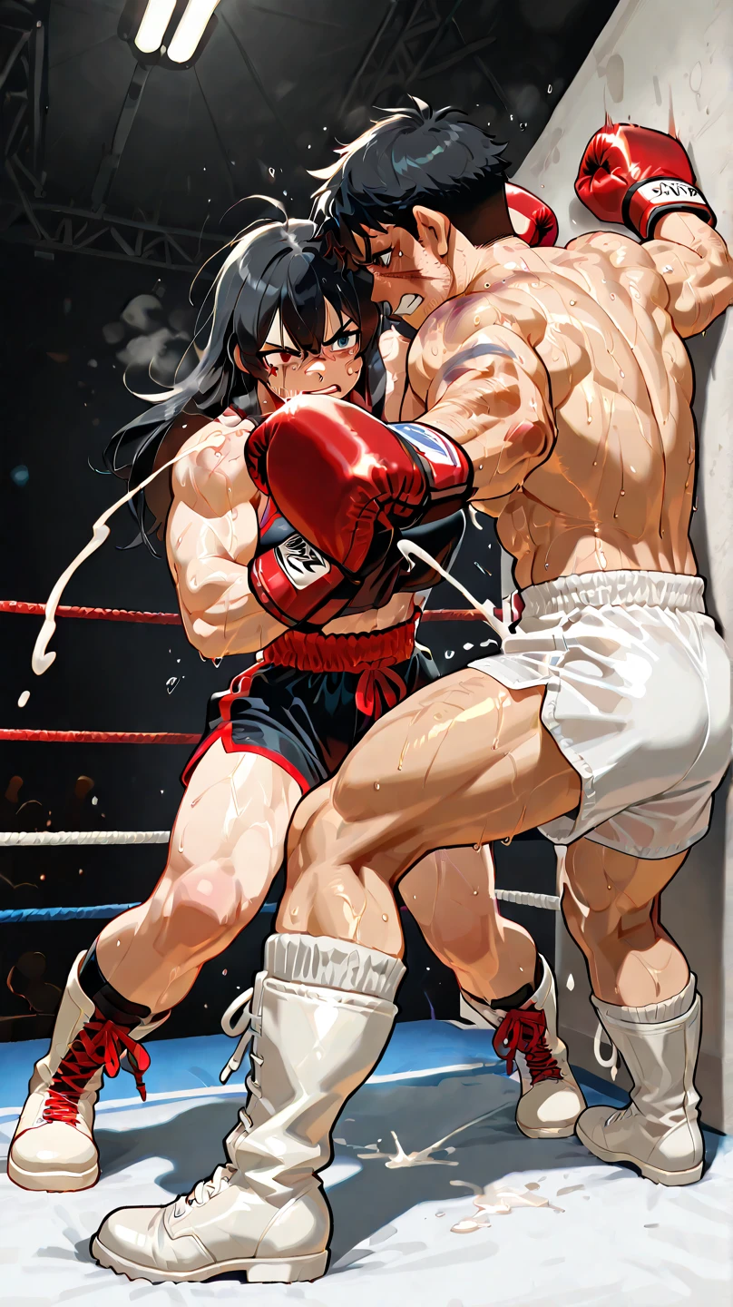 a man defeats a girl. A young, cute, bloody, bruised, sweaty Japanese female street fighter and a male fighter are fighting so hard in a octagon. she is knocked out terribly by him. She has short-cut black hair. She is crying. Both eyes half closed. Short of breath. Drooling from the mouth. Denim shorts. Open finger gloves. Erect nipples.