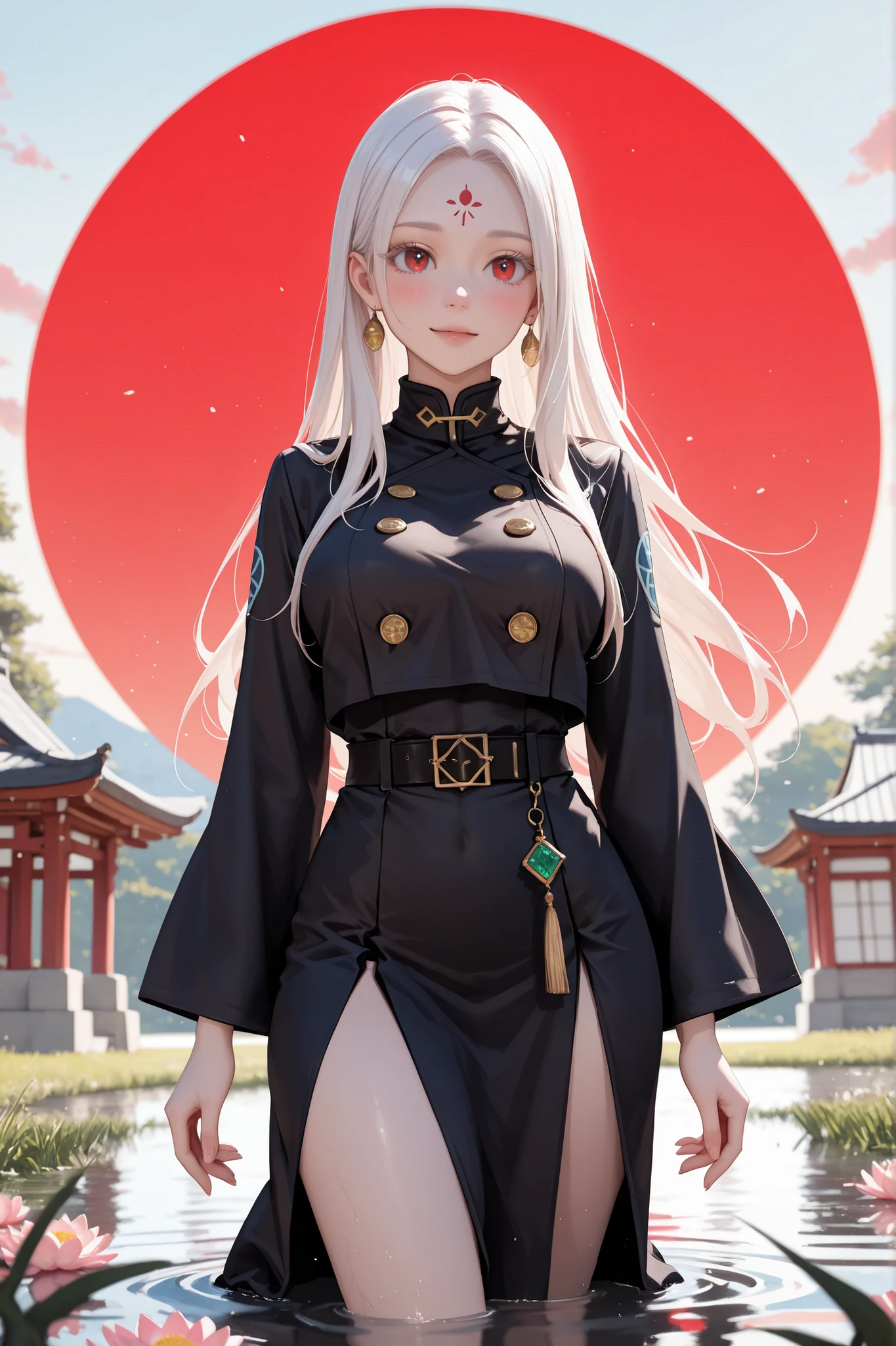 (High CT quality,4k,High resolution,main piece:2.3),(Very detailed,Realistic:1.37,Best quality,masterpiece, high resolution,on_body), (Tyndall effect,photorealistic, Edge lighting, Two-color lighting),(high definition skin:2.3), (8K UHD, DSLR quality, soft lighting, high quality, surround lighting, sincere, de 8K , 4K, 8K.)
Albino girl with tiny wiry bodybuilding, she has painfully white skin with a blush, she has long straight snow-white hair with loose hairstyle with no bangs, she has white fluffy eyelashes, she had a turquoise eyes and red pupils. She has a red birthmark on her forehead in the form of : a red circle and two red dots under it. She's wearing a black wizard's uniform of jujutsu tech: a long black floor-length skirt and a black jacket with long wide sleeves. She has a jade talisman on her belt. On the background :misty dawn, bright sky, Japanese oriental temple standing in the middle of a lake, lotsies and water lilies grow on the surface of the water, and a red Tori-gates standing in the distance.