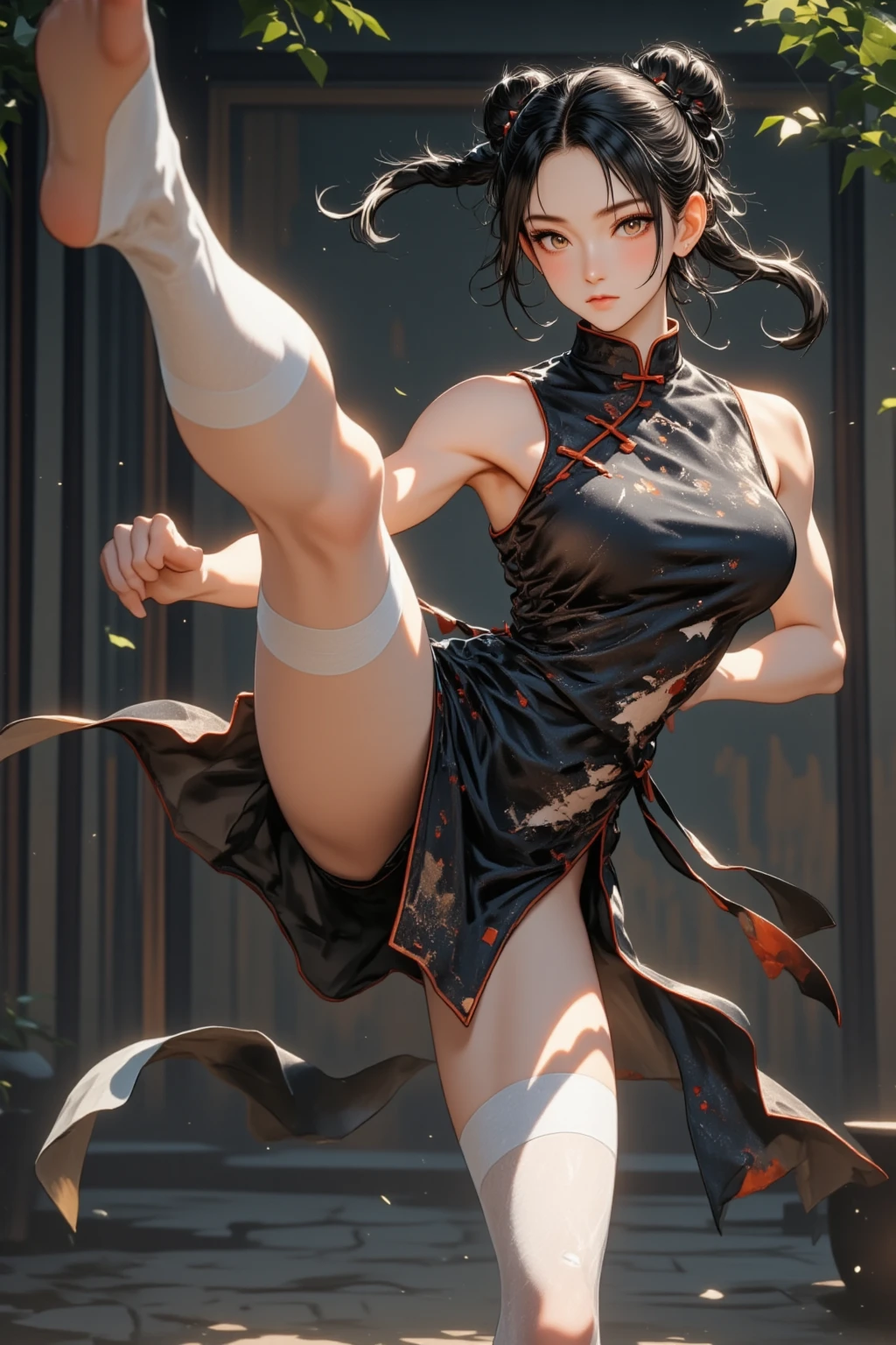 score_9, score_8_up, score_7_up, source_anime, anime style, 1woman, highkick, ruanyi0604, black dress, china dress, floral print, perfect ass, knee high boots, combat boots, laces, side slit, spinning kick, katana, cameltoe