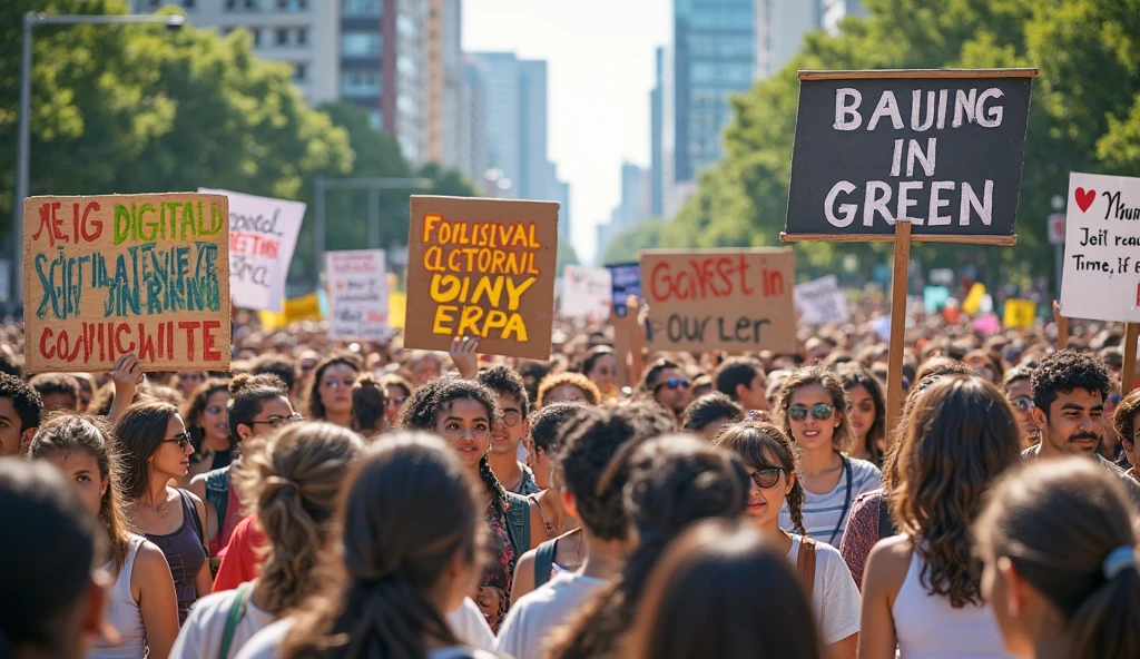 Protestant with a poster, Written "freedom" The language of the poster text must be in Brazilian Portuguese