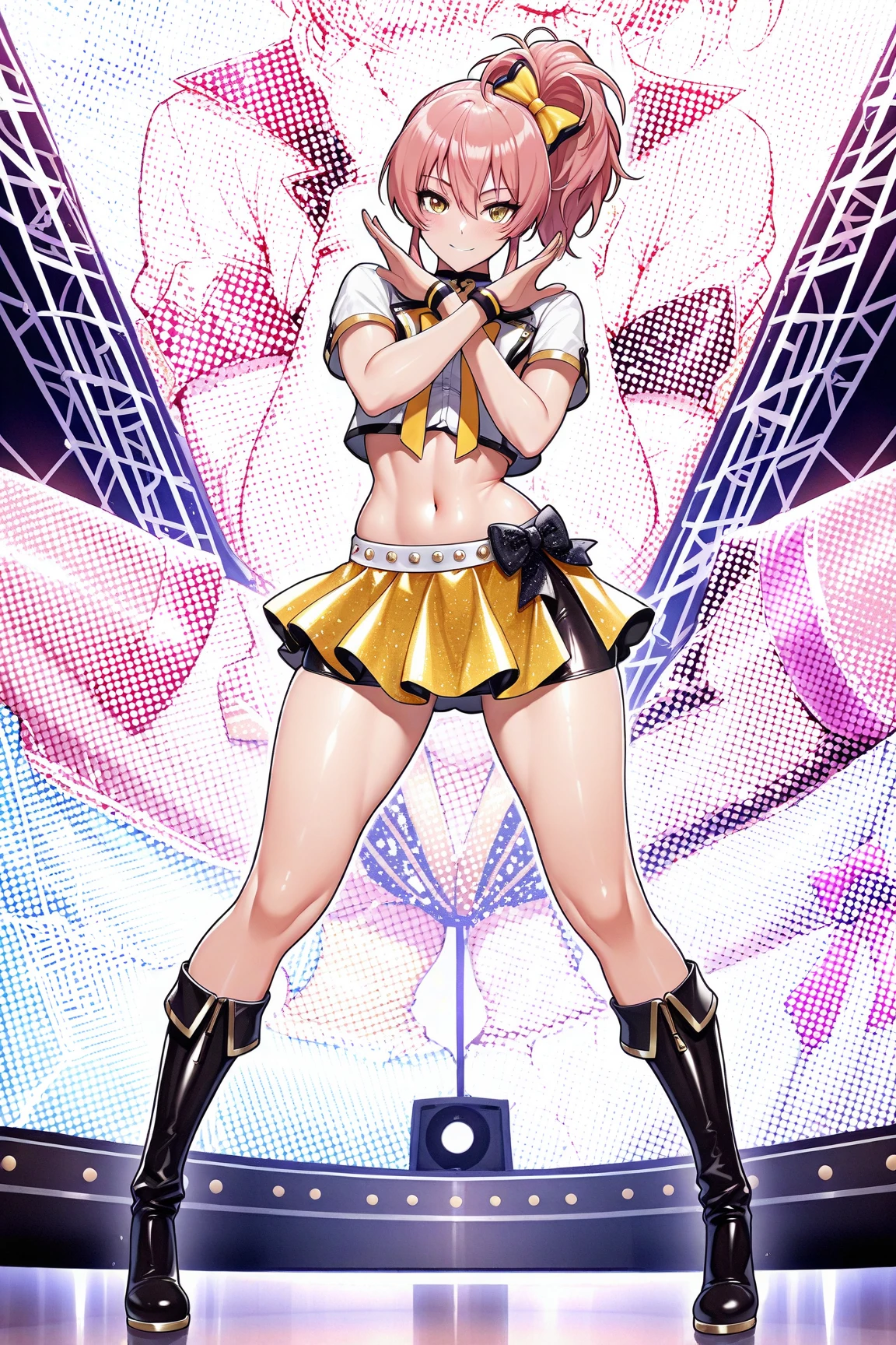 (masterpiece,best quality, 8k:1.2),(anime:1.2),1girl,mature female,igawa sakura,(Dark blue eyes, Eye light: 1.2), medium breast,wide hips, (tube top, cleavage, underbust, purple tube top, strapless, belly button, midriff, mini skirt, bare shoulders, detachable sleeves, white knee socks, Dancing, Smile), dynamic poses, dynamic angles
