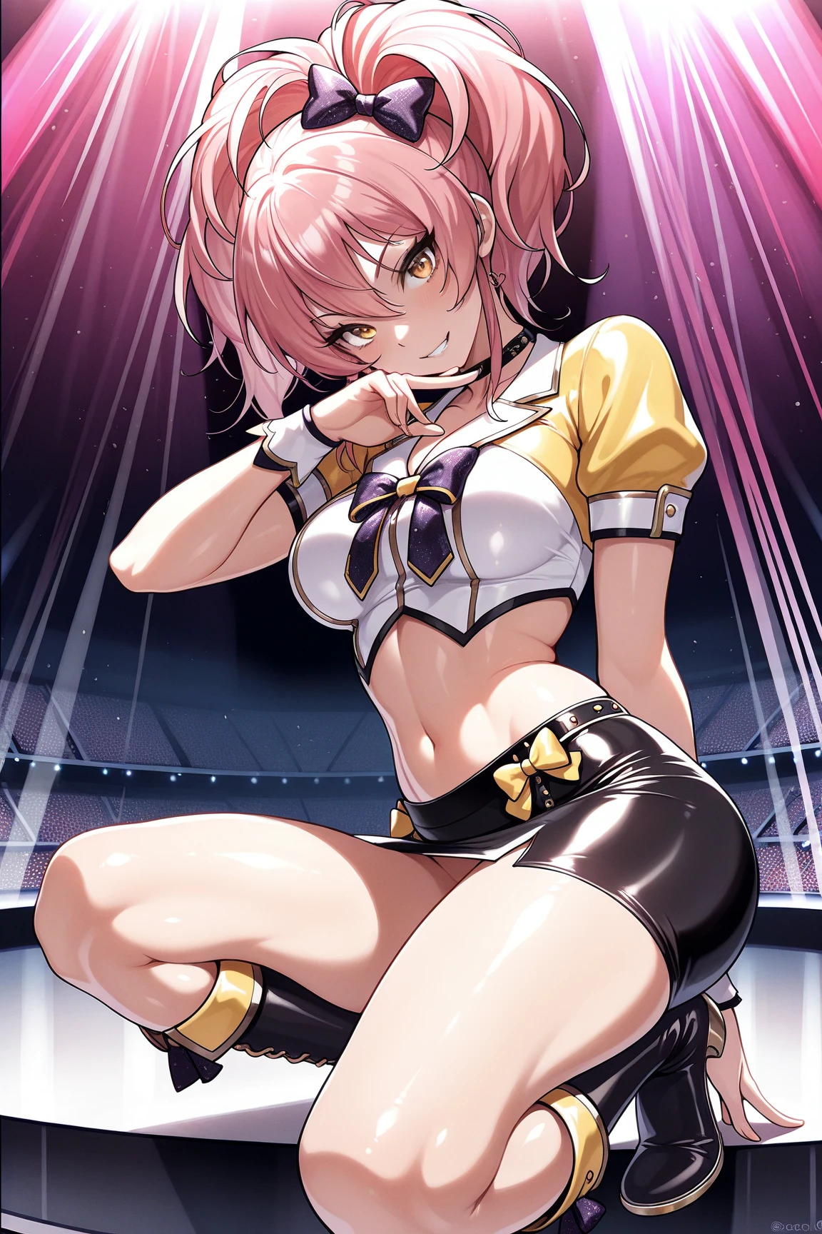 ((anime boy )), ((androgynous)),((Tan skin)), ((long white hair with pink streaks)),(( hair Styled into a Bun and braided ponytail )),((Red eyes)) , (Tall),(thin, average hips),(White half jacket), ((hot pink Crop top)) ,(Skimpy white shorts) , evil aura, crazy smile , ((Pop Idol)) , ((yandere: 1.5)), ((Masterpiece)), High Aesthetic, ((high quality )),((1boy, Solo))