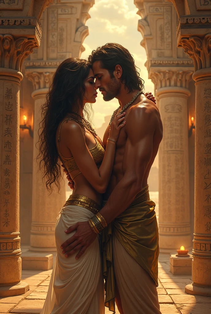 An Amazon warrior with a statuesque body and naked making love with a Greek man with a firm and muscular body and well endowed virilely
