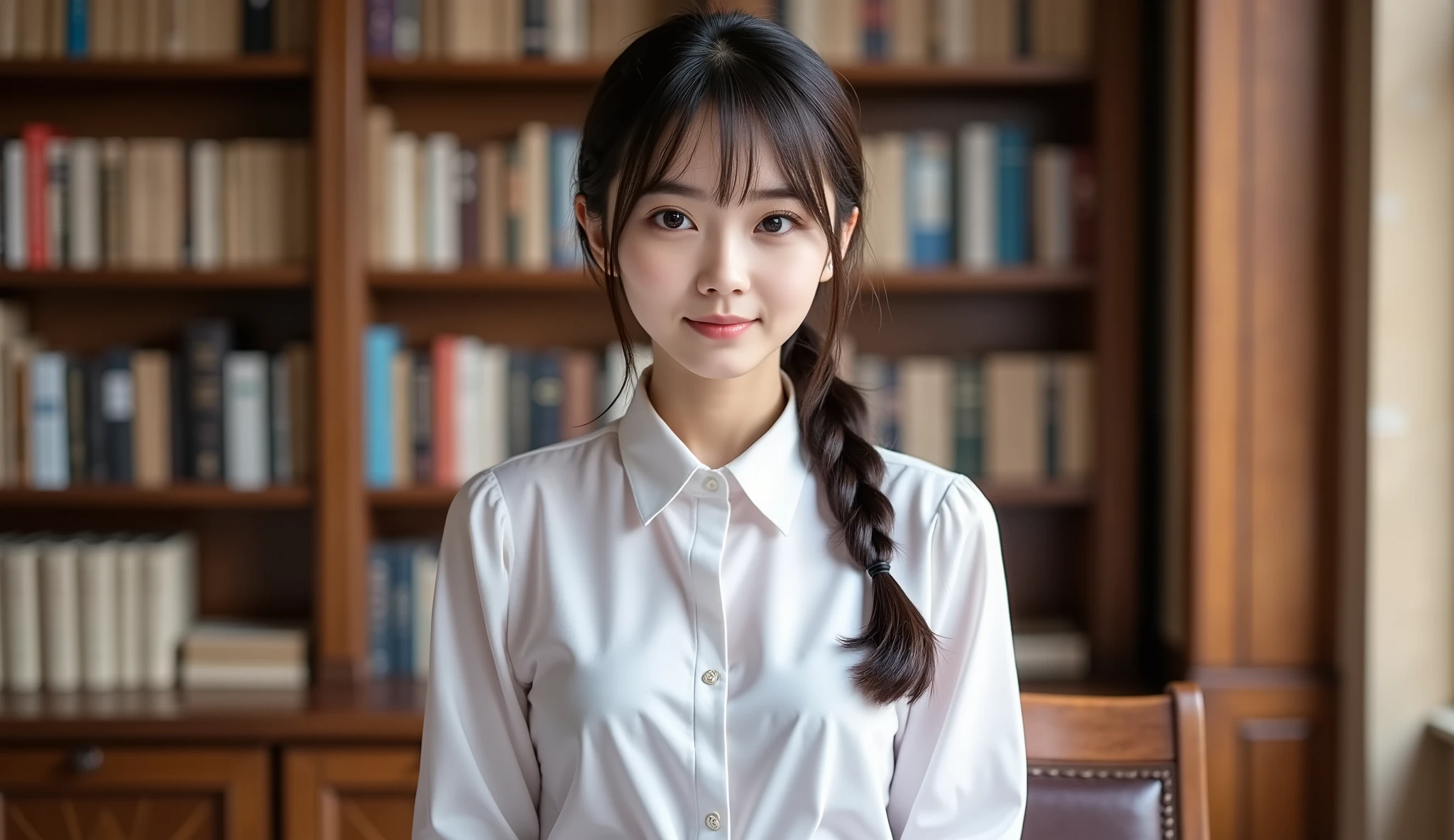 librarian、 Clean Look 、white blouse、tight skirt、glass(masterpiece:1 . 3) , (8k , realistic , RAW photo , best image quality: 1 . 4) , Japanese 、21age , (random hairstyles with pantsuits:1 . 2)、Chest:1 . 2、very detailed face、attention to detail、double eyelids、Chest to Chest、sharp concentration:1 . 2、beautiful woman in silya room:1 . 4、glossy black hair、Best Quality、masterpiece、 Ultra High Resolution 、(realistic:1 . 4)、Very Detailed and Professionally Illuminated Smile、She's studying、Bookshelf Background、braiding