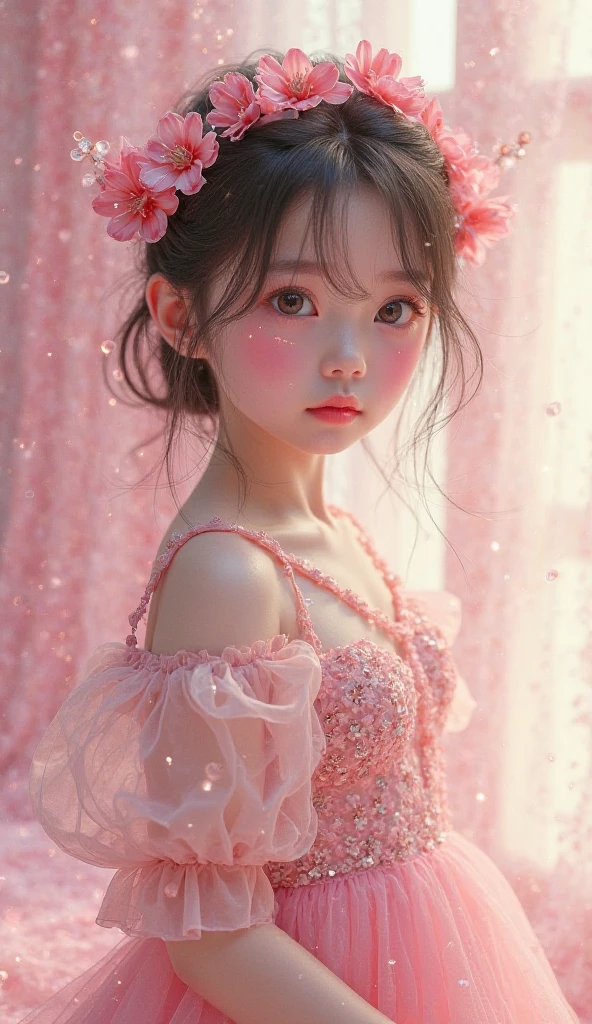 (cute, shortstacks, flat chest, petite face, large eyes),
blush, embarrassed, simile, tiny short twin tail with ribbon, 
cute dancing,
Masterpiece, best quality, 8k, realistic, hi res, ultra-detailed, soft lighting, bright