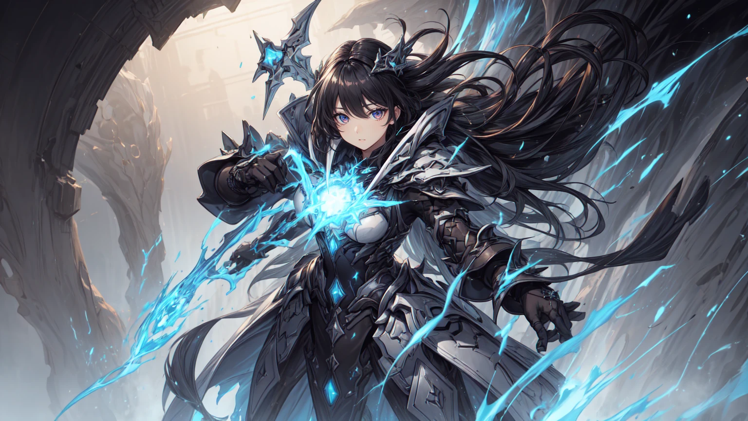 Face only、Black Hair、White Shaggy、Two-tone hair、Odd Eye、Right eye is red、left eye is purple、Emblem on left eye、My hair is standing up、Short、Floating in the air、the sword is floating、1 person、Are standing、cool、(Black Background)、Young、Long Hair、Blue aura、Blue Lightning、Black lightning、Sickly、Belly button、Shoulder Bare、Over jacket、Bending、Low exposure、No exposure